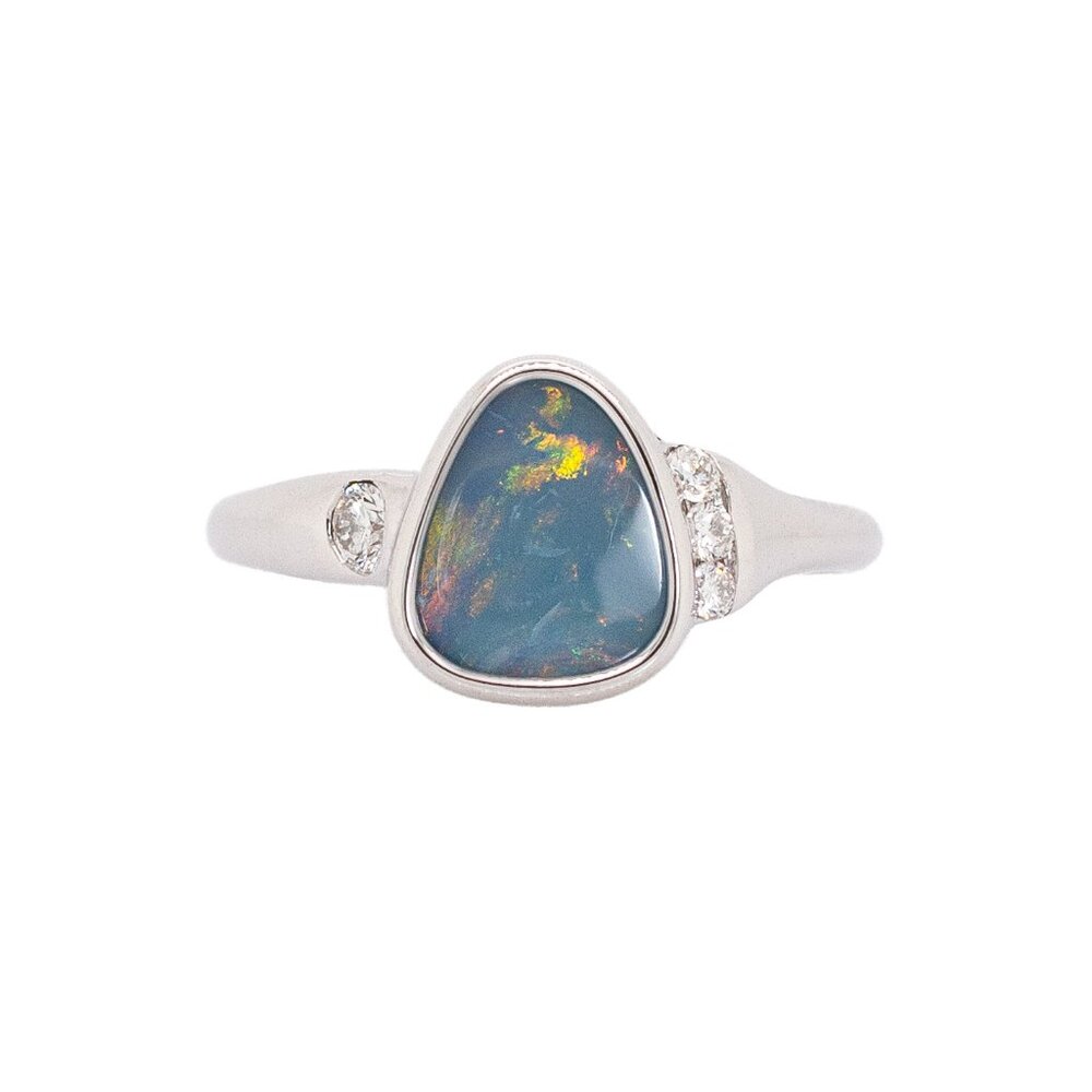 1.75cts Boulder Opal Ring in Solid 14K White Gold with Natural Diamond Accents